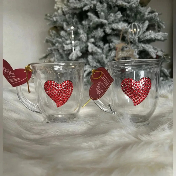 Elegant Rhinestone Heart Glass Mugs – Set of 2 (15 oz) Bundle of 2 - Picture 2 of 6